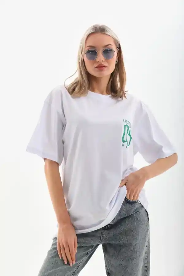 Kadın Baskılı kısa kol  Oversize T-Shirt - Beyaz