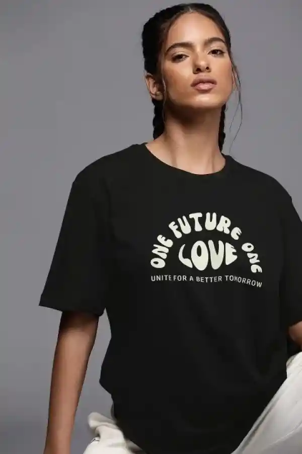 Kadın Baskılı T-Shirt Kısa Kol Bisiklet Yaka Oversize Rahat Kalıp Tişört - Siyah