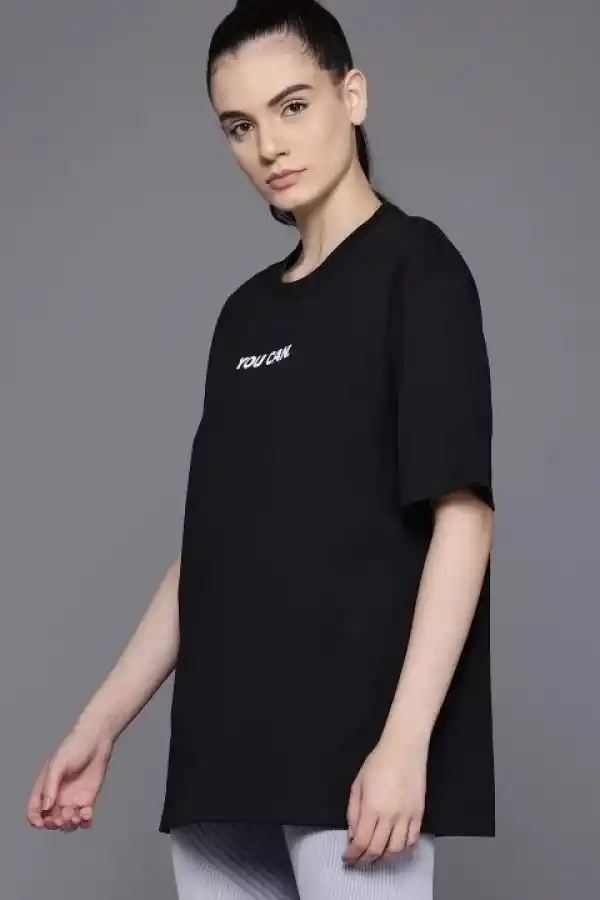 Kadın Baskılı T-Shirt Kısa Kol Bisiklet Yaka Oversize Rahat Kalıp Tişört - Siyah