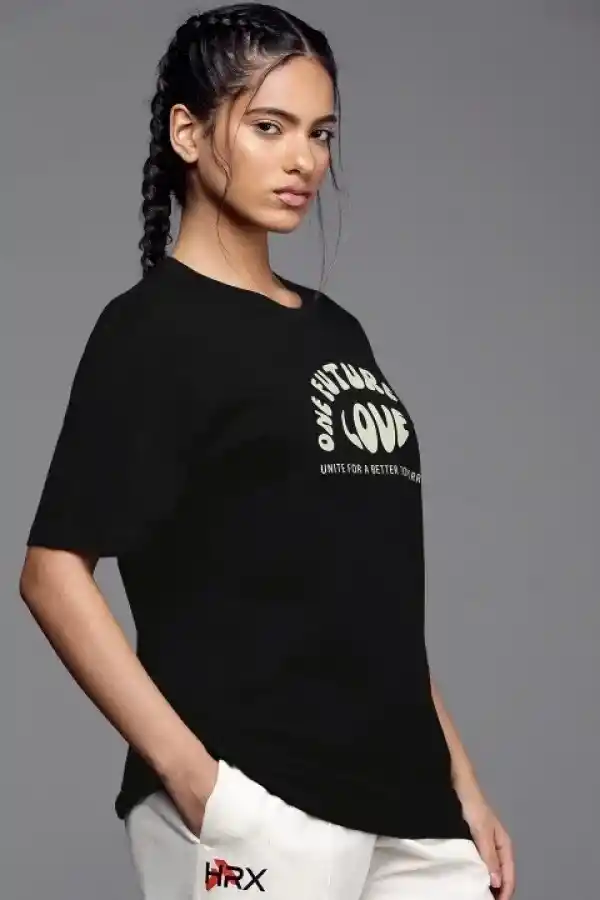 Kadın Baskılı T-Shirt Kısa Kol Bisiklet Yaka Oversize Rahat Kalıp Tişört - Siyah