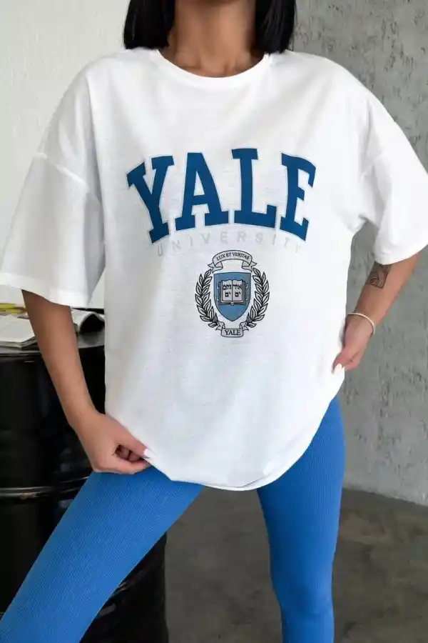 Kadın Kısa Kol Yazlık Tişört Bisiklet Yaka YALE Baskılı T-Shirt - Beyaz