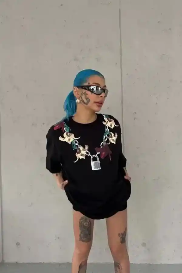 Kadın Kısa Kol Yazlık Tişört Bisiklet Yaka Baskılı Oversize T-Shirt - Siyah