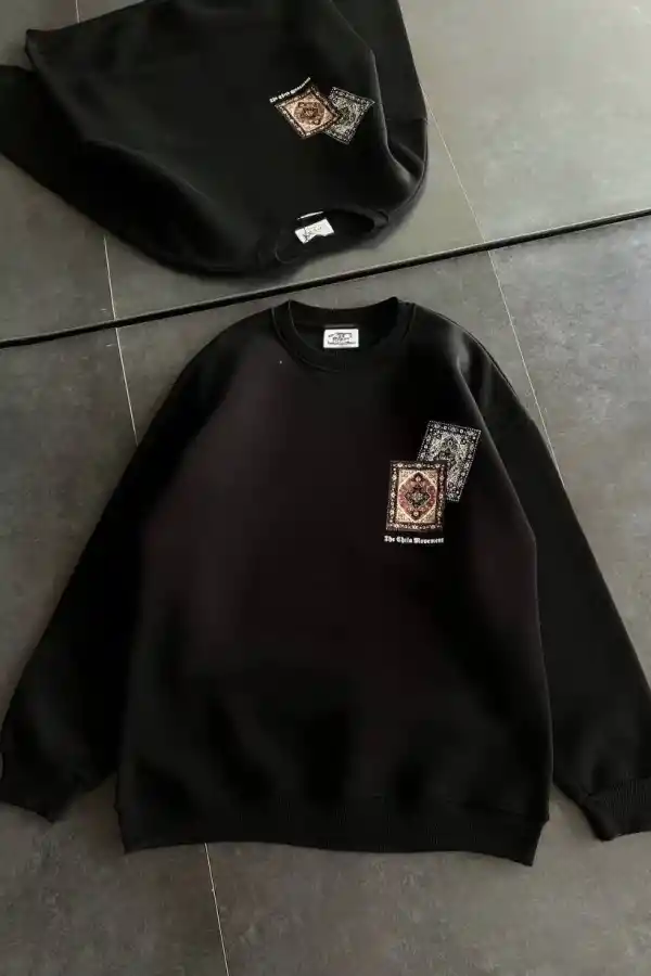 Kadın Bisiklet Yaka Kilim Halı Baskılı 3 İplik Pamuklu Sweatshirt - Siyah