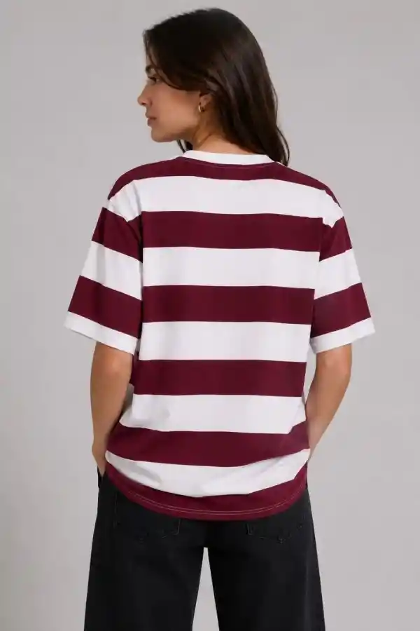 Kadın Çizgili Oversize Tişört Bisiklet Yaka Kısa Kol Yazlık T-Shirt - Bordo