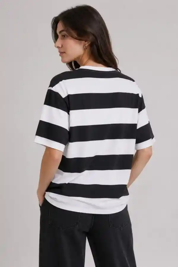 Kadın Çizgili Oversize Tişört Bisiklet Yaka Kısa Kol Yazlık T-Shirt - Siyah