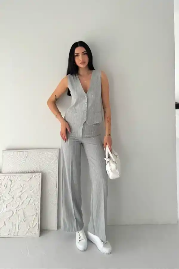 Kadın Çizgili Tansel Kumaş Yelek Pantolon İkili Takım Ofis Şık Modern - Gri