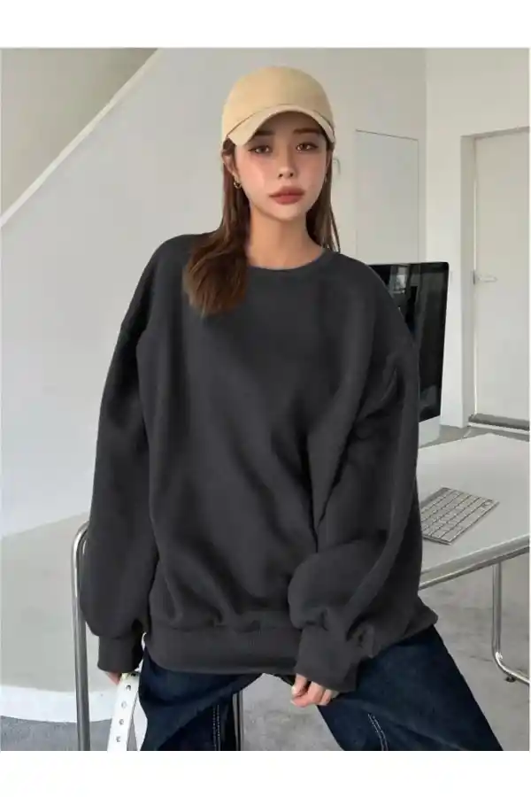Kadın Düz Bisiklet Yaka 3 iplik Sweatshirt - Siyah