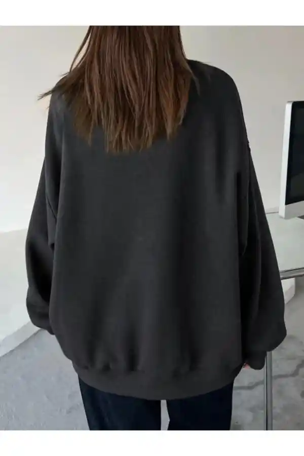 Kadın Düz Bisiklet Yaka 3 iplik Sweatshirt - Siyah
