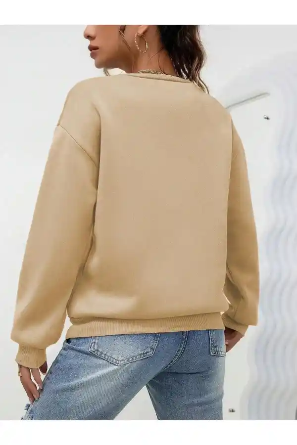 Kadın Düz Bisiklet Yaka 3 İplik  Sweatshirt - Bej