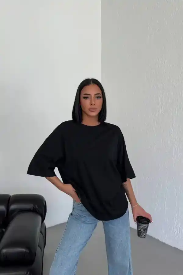 Kadın Düz T-Shirt Kısa Kol Bisiklet Yaka Oversize Tişört - Siyah