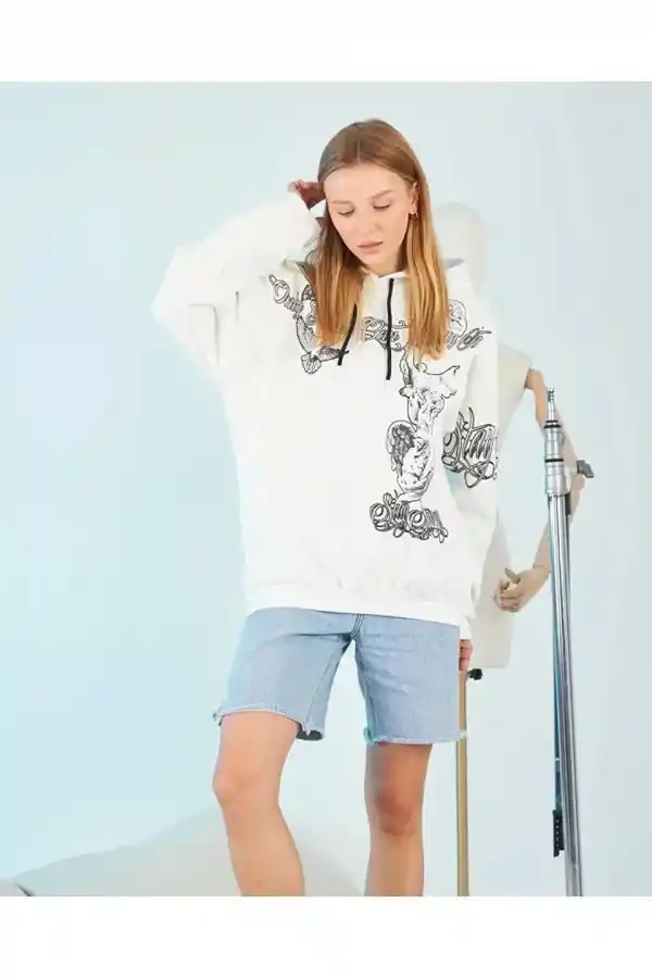 Kadın Oversize Kapüşonlu Baskılı 3 İplik Pamuklu Hoodie Sweatshirt - Beyaz