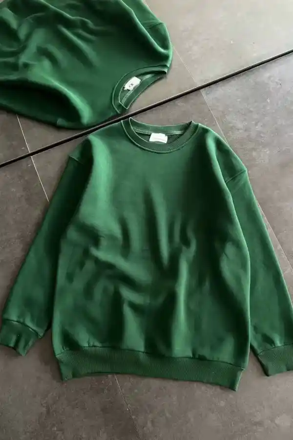 Kadın Kışlık Bisiklet Yaka Üç İplik Basic SweatShirt - Haki