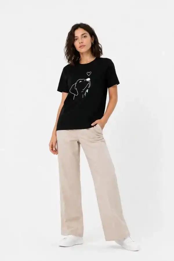 Kadın Köpek Figürlü Minimal Baskılı Tişört Kısa Kol Yazlık T-Shirt - Siyah