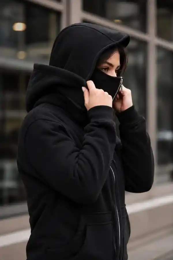 Kadın Maskeli Ninja Model Çift Kapüşonlu 3 İplik Şardonlu Fermuarlı Oversize Sweatshirt - Siyah