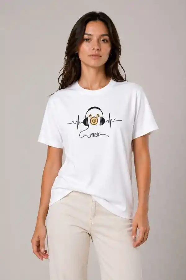 Kadın Müzik Temalı Baskılı Tişört Bisiklet Yaka Kısa Kol T-Shirt - Beyaz