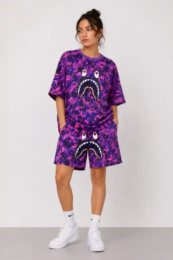 Kadın Oversize Kalıp Pubg Bape X Shark Nakışlı Cepli Şort Takım - Mor