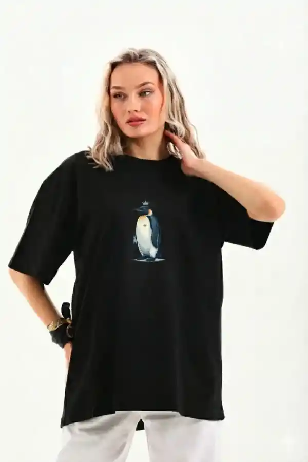 Kadın T-Shirt Penguen Baskılı Bisiklet Yaka Kısa kol yazlık Tişört - Siyah