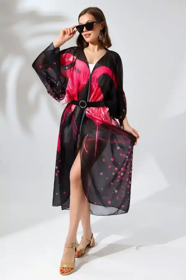 Kadın Rahat Kesim Şifon Kimono - Siyah
