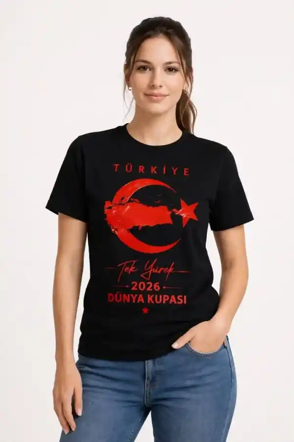 Kadın TÜRKİYE Ay Yıldız 2026 Dünya Kupası Taraftar Forma T-Shirt - Siyah