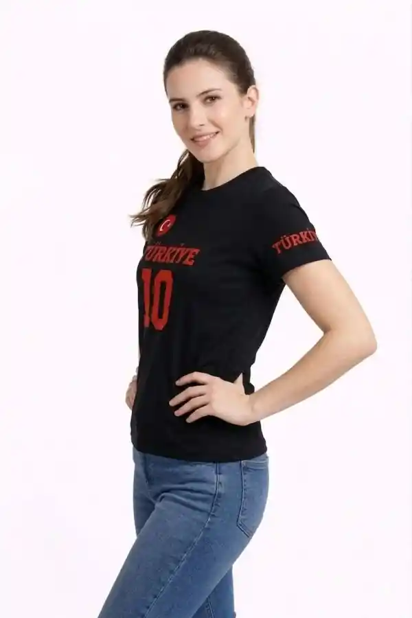 Kadın TÜRKİYE Ay Yıldız Baskılı 10 Numara Forma Tişört Taraftar T-Shirt - Siyah
