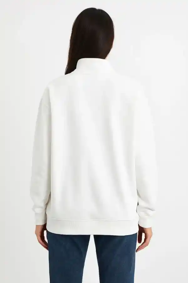 Kadın 3 İplik Pamuklu Dık Yaka Yarım Fermuarlı SweatShirt - Beyaz