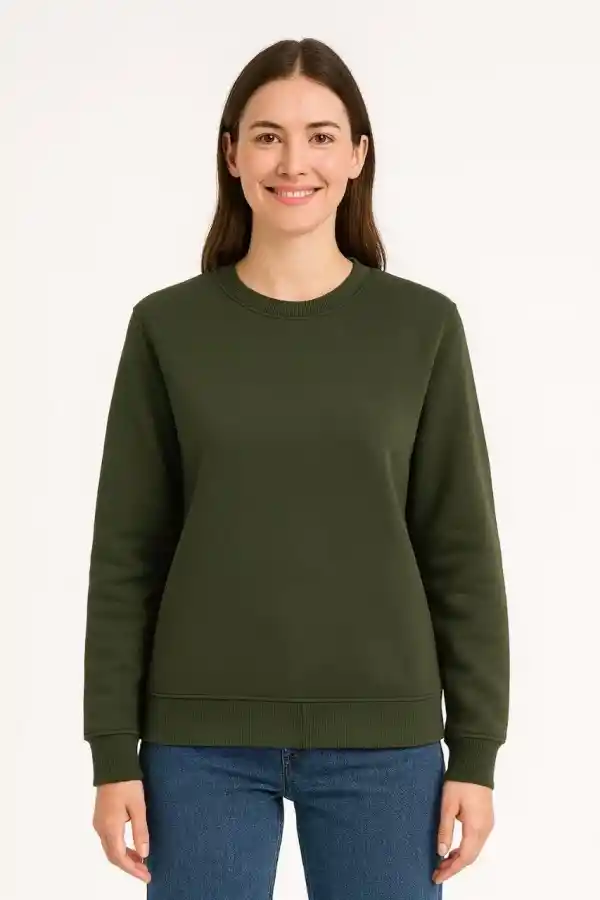 Kadın 3 İplik Pamuklu Düz Bisiklet Yaka SweatShirt - Haki