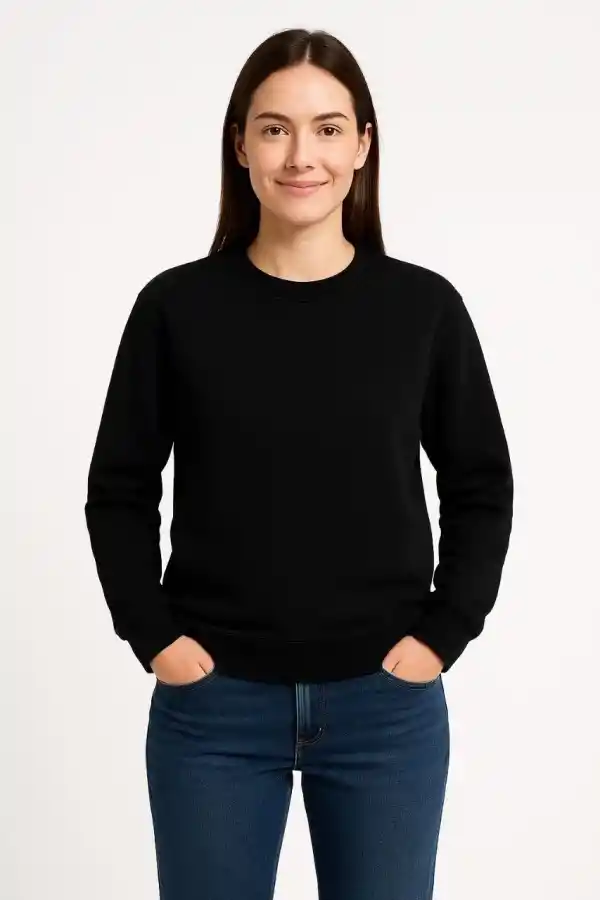 Kadın 3 İplik Pamuklu Düz Bisiklet Yaka SweatShirt - Siyah