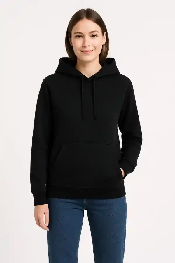 Kadın 3 İplik Pamuklu Kapüşonlu Kanguru Cepli Sweatshirt hoodie - Siyah