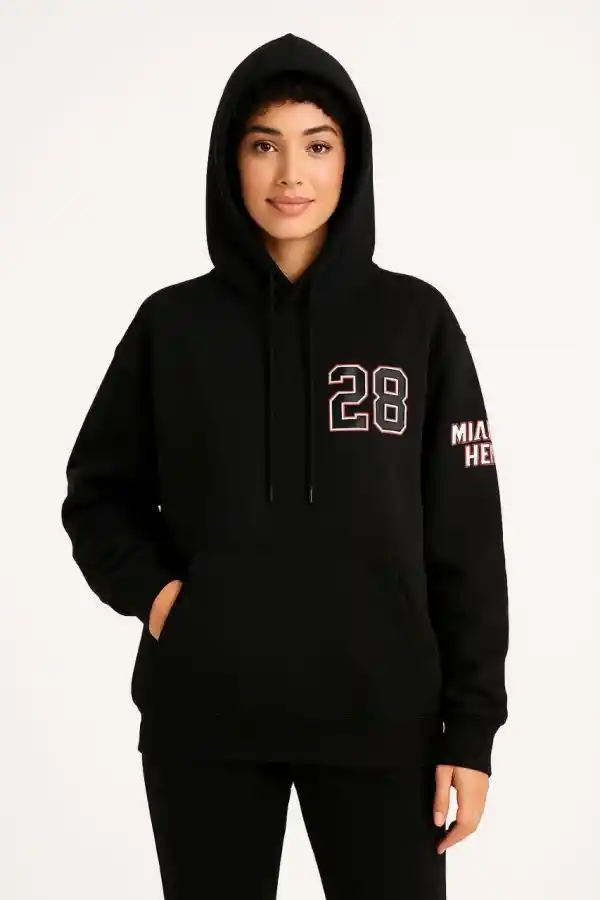 Kadın 3 İplik Pamuklu Kapüşonlu Kanguru Cepli Baskılı Hoodie Sweatshirt - Siyah