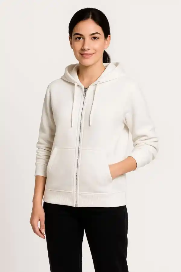 Kadın 3 İplik Kapüşonlu Tam Fermuarlı Kanguru Cepli Sweatshirt Hoodie - Beyaz