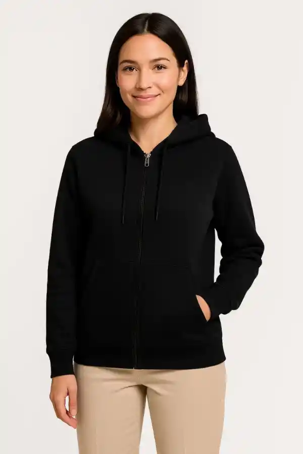 Kadın 3 İplik Kapüşonlu Tam Fermuarlı Kanguru Cepli Sweatshirt Hoodie - Siyah