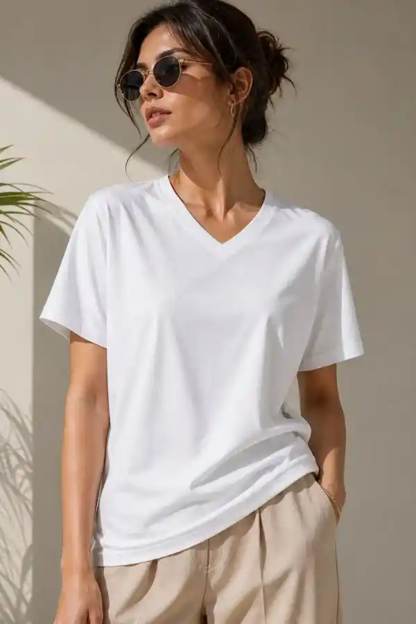 Kadın V Yaka Basic Tişört Kısa Kol Yazlık Regular Fit T-Shirt - Beyaz