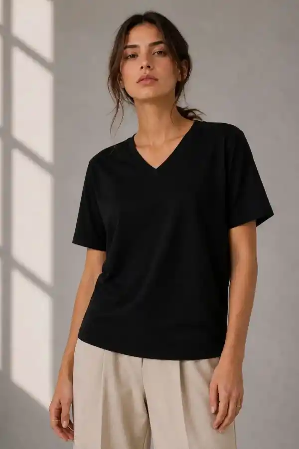 Kadın V Yaka Basic Tişört Kısa Kol Yazlık Regular Fit T-Shirt - Siyah