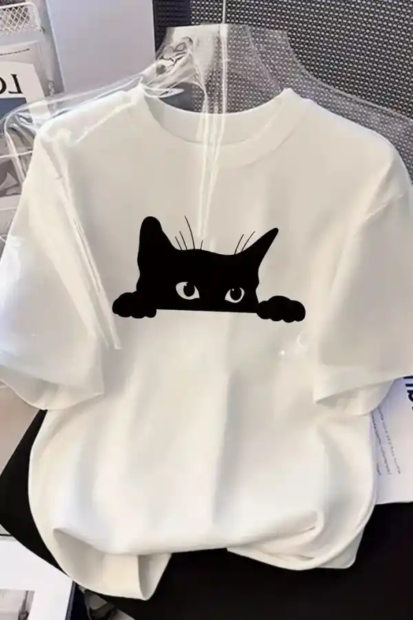 Kadınlar için Siyah Kedi Grafik Tişört - Oversize Kısa Kollu Üst Nefes Alabilir - Beyaz