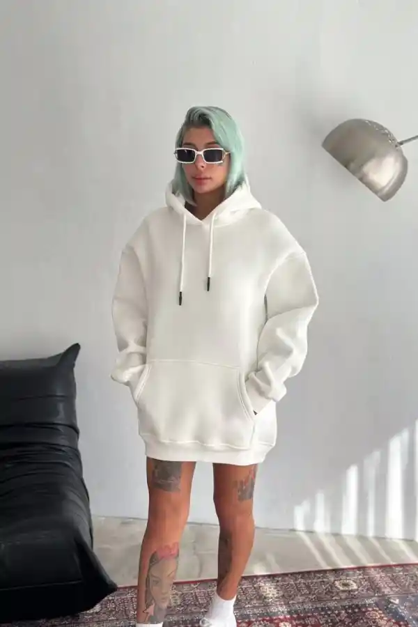 Kadın Kapüşonlu Kanguru Cepli 3 İplik Pamuklu Oversize Hoodie Sweatshirt - Beyaz