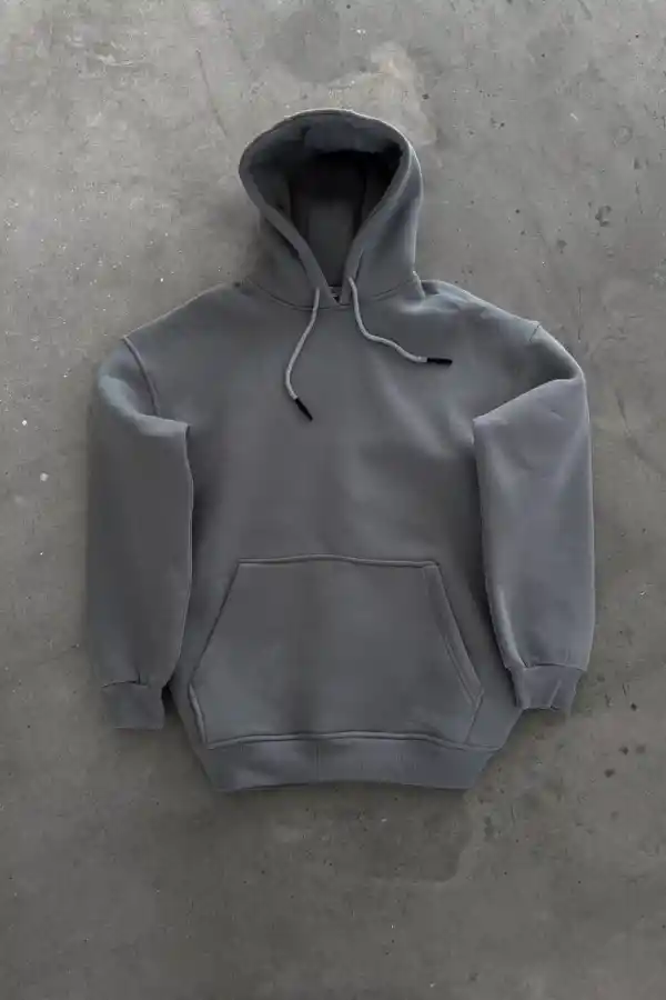 Kadın Kapüşonlu Kanguru Cepli 3 İplik Pamuklu Oversize Hoodie Sweatshirt -  Boyalı Gri