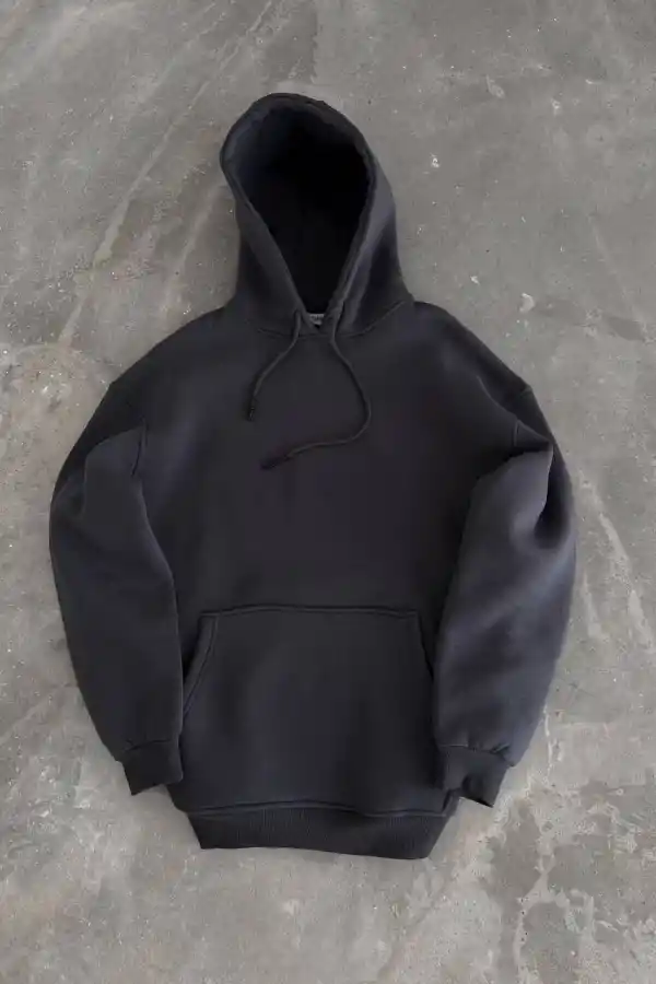 Kadın Kapüşonlu Kanguru Cepli 3 İplik Pamuklu Oversize Hoodie Sweatshirt - Füme