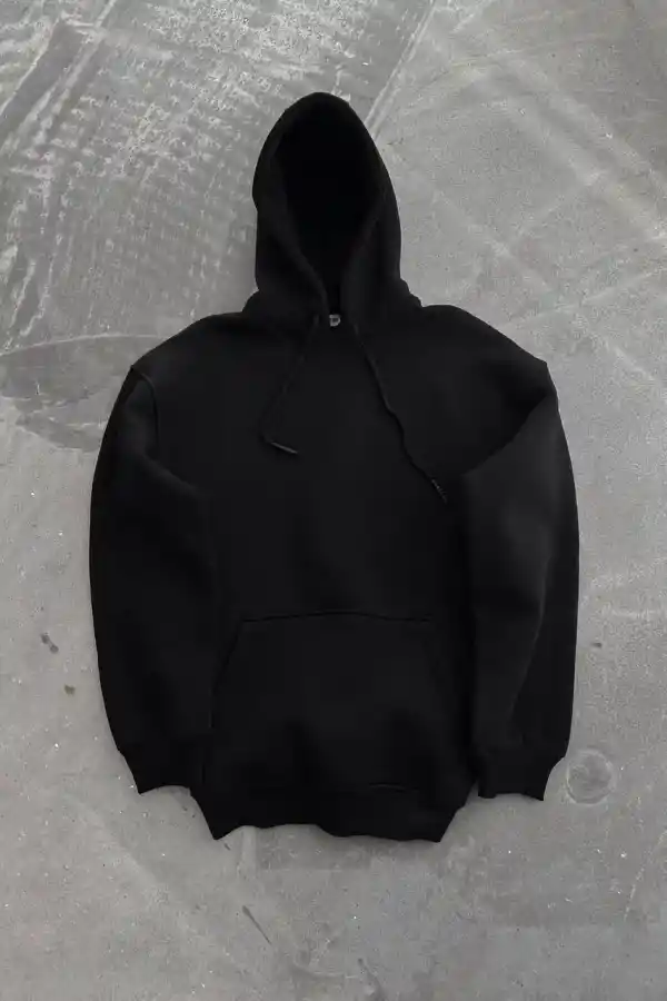 Kadın Kapüşonlu Kanguru Cepli 3 İplik Pamuklu Oversize Hoodie Sweatshirt - Siyah
