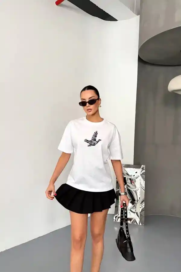 KADIN Baskılı T-Shirt Kısa Kol Bisiklet Yaka Regular Fit Yazlık Tişört - Beyaz