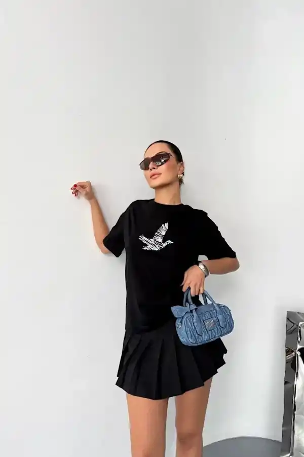Kadın Kısa Kol Yazlık Tişört Bisiklet Yaka Baskılı Oversize T-Shirt - Siyah