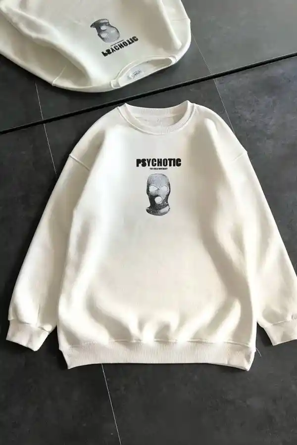 Kadın 3 iplik Kışlık Bisiklet Yaka Baskılı SweatShirt - Beyaz