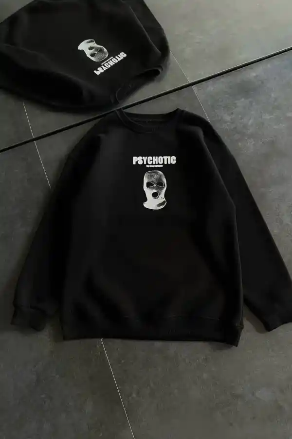 Kadın 3 iplik Kışlık Bisiklet Yaka Baskılı SweatShirt - Siyah