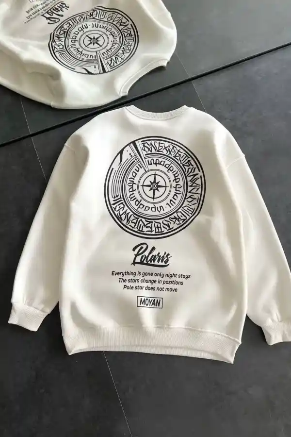 Kadın 3 iplik Pamuklu Bisiklet Yaka Baskılı SweatShirt - Beyaz