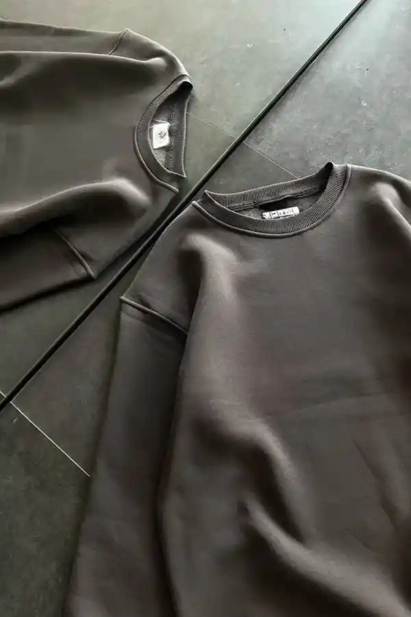 Kadın Bisiklet Yaka 3 İplik Pamuklu Basic SweatShirt - Füme