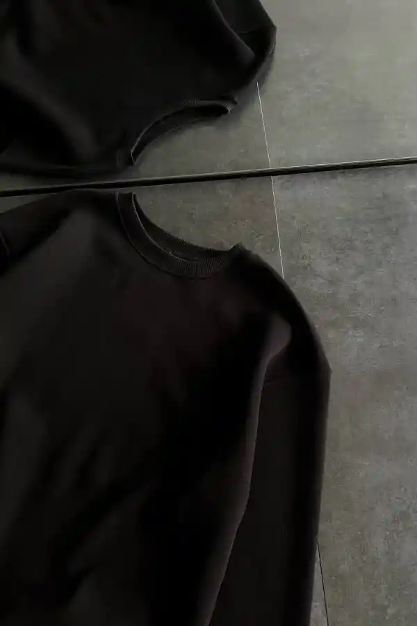 Kadın Bisiklet Yaka 3 İplik Pamuklu Basic SweatShirt - Siyah