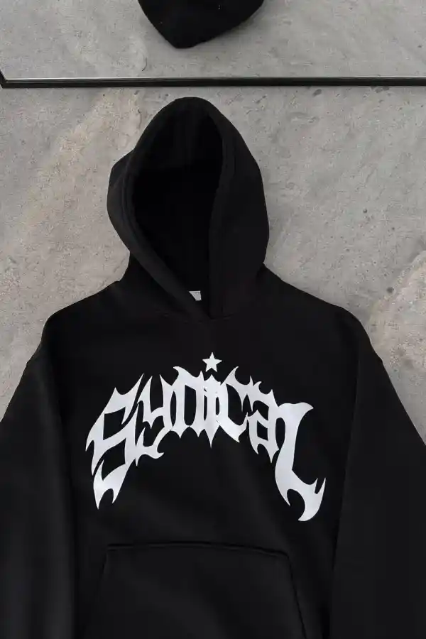Erkek Kapüşonlu Kanguru Cepli Sweatshirt 3 İplik Pamuklu Baskılı Hoodie - Siyah