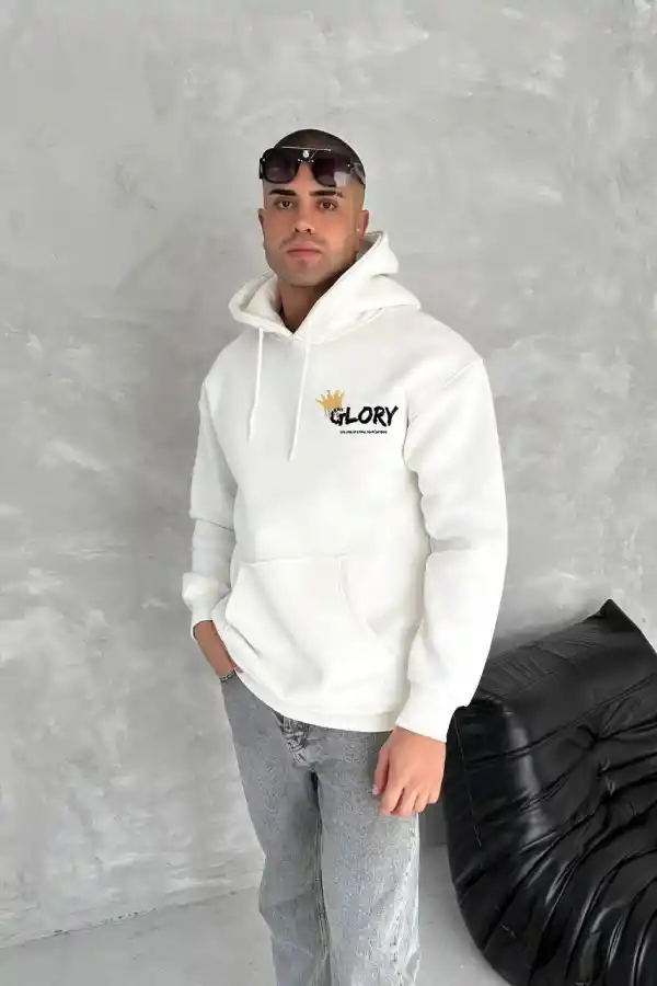 Erkek Kapüşonlu Kanguru Cepli Sweatshirt 3 İplik Pamuklu Baskılı Hoodie - Beyaz