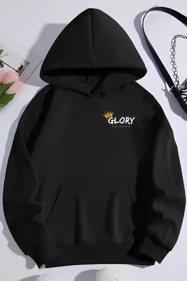 Kadın Oversize Kapüşonlu Kanguru Cepli Baskılı 3 İplik Pamuklu Sweatshirt Hoodie -   Siyah