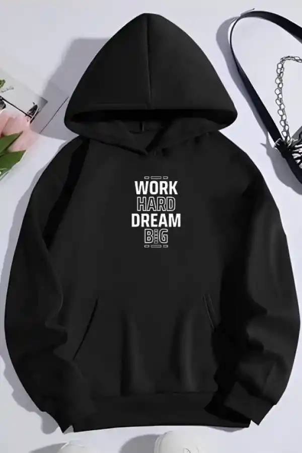 Kadın Oversize Kapüşonlu Cepli Baskılı 3 İplik Pamuklu Hoodie Sweatshirt - Siyah