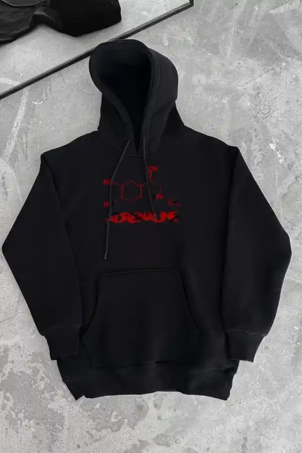 Kadın Oversize Kapüşonlu Cepli Baskılı 3 İplik Pamuklu Hoodie Sweatshirt - Siyah